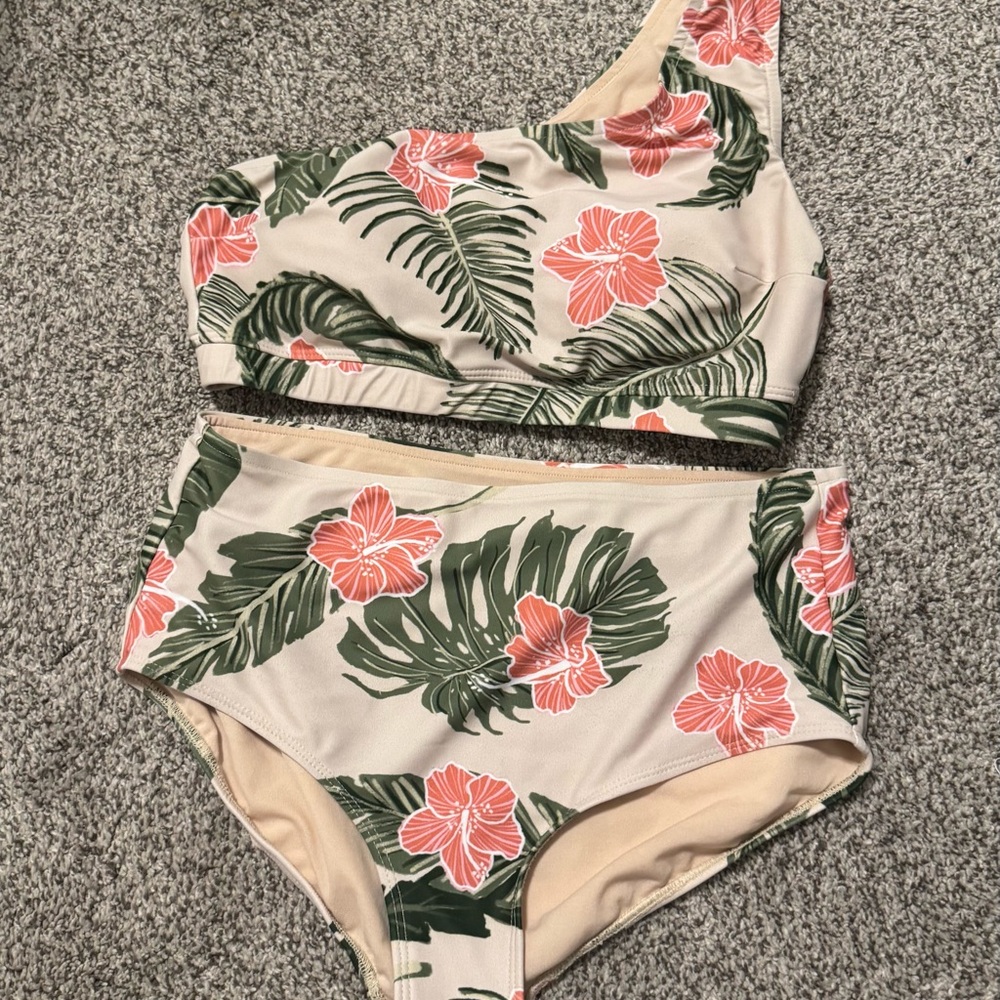 Albion Fit Floral One-Shoulder Bikini - Green and Pink